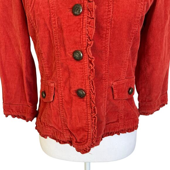 Sandro Corduroy Jacket Women's Size Small Orange Rust Cropped Ruffle Trim Button - Picture 3 of 6
